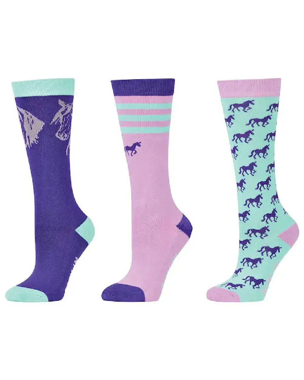 Nineties Horses coloured Dublin Childrens Three Pack Socks on white background 