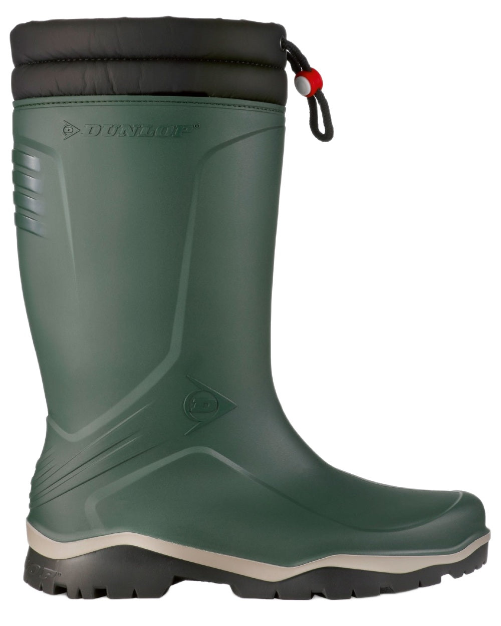 Heritage Green Black coloured Dunlop Blizzard Wellingtons on white background 