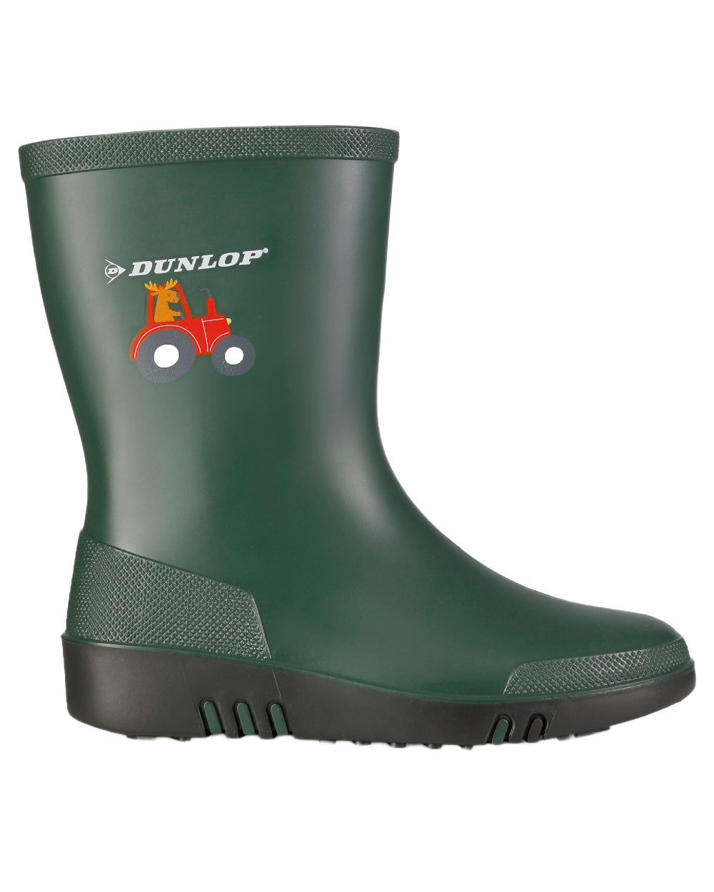 Heritage Green Black coloured Dunlop Childrens Mini Wellingtons on white background 