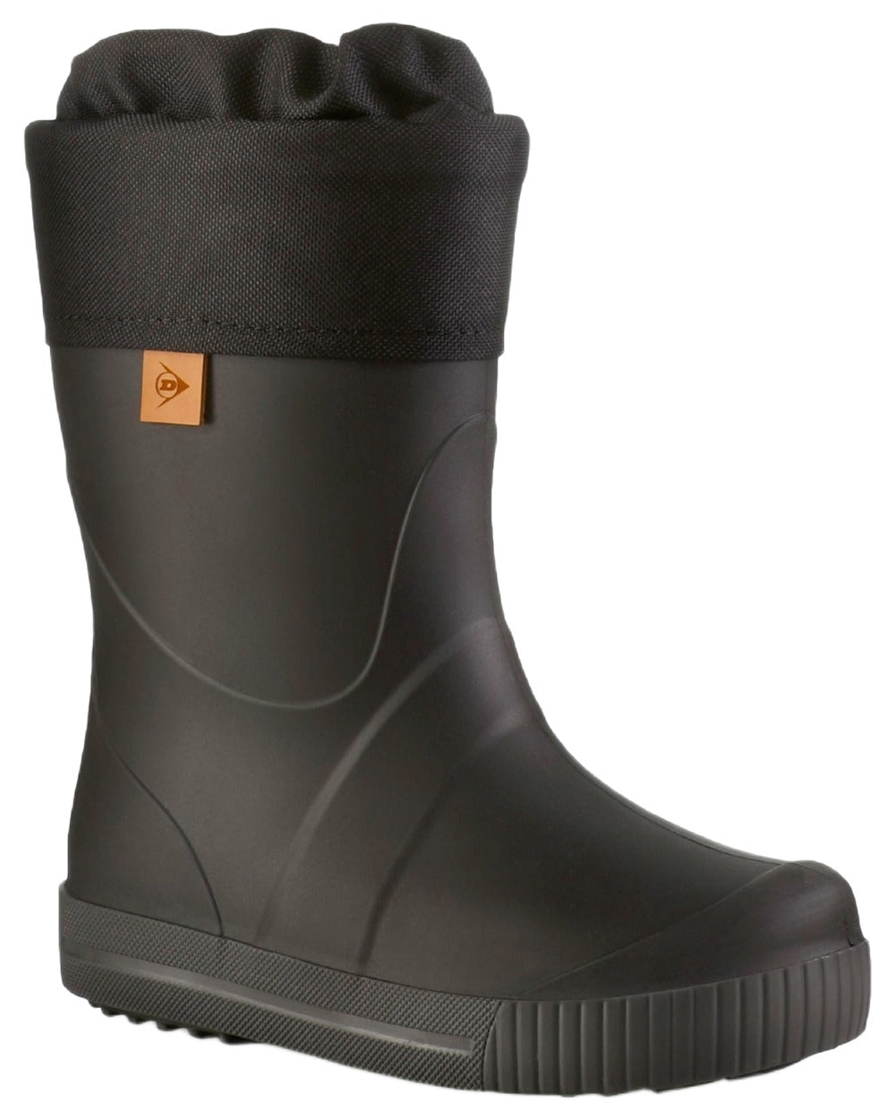 Black coloured Dunlop Childrens Puddle Jumper Faux Fur Lined Wellingtons on white background 