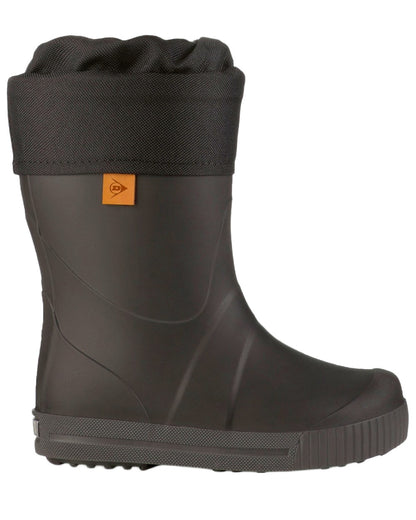 Black coloured Dunlop Childrens Puddle Jumper Faux Fur Lined Wellingtons on white background 