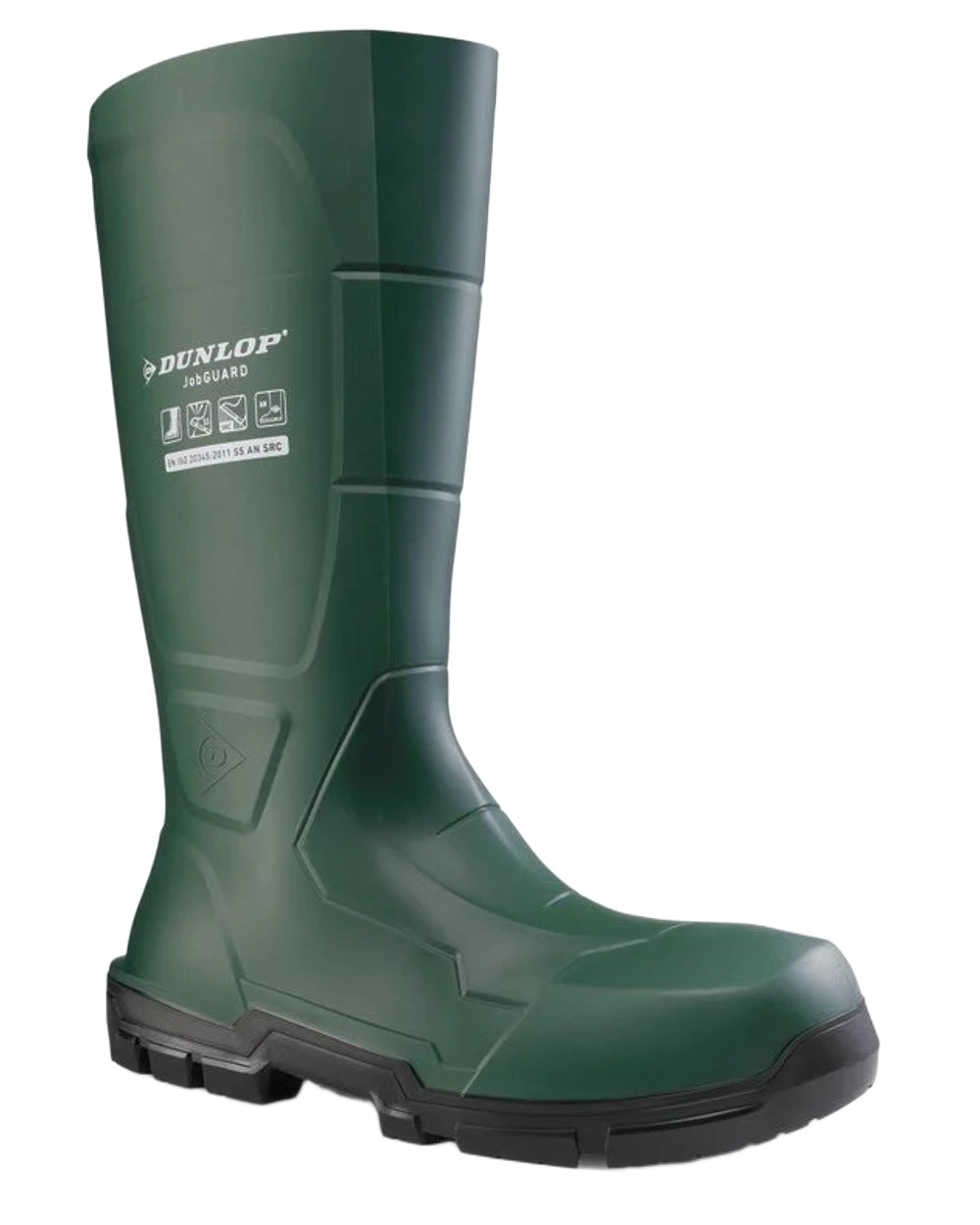 Heritage Green Coloured Dunlop JobGuard Full Safety Wellingtons on white background 