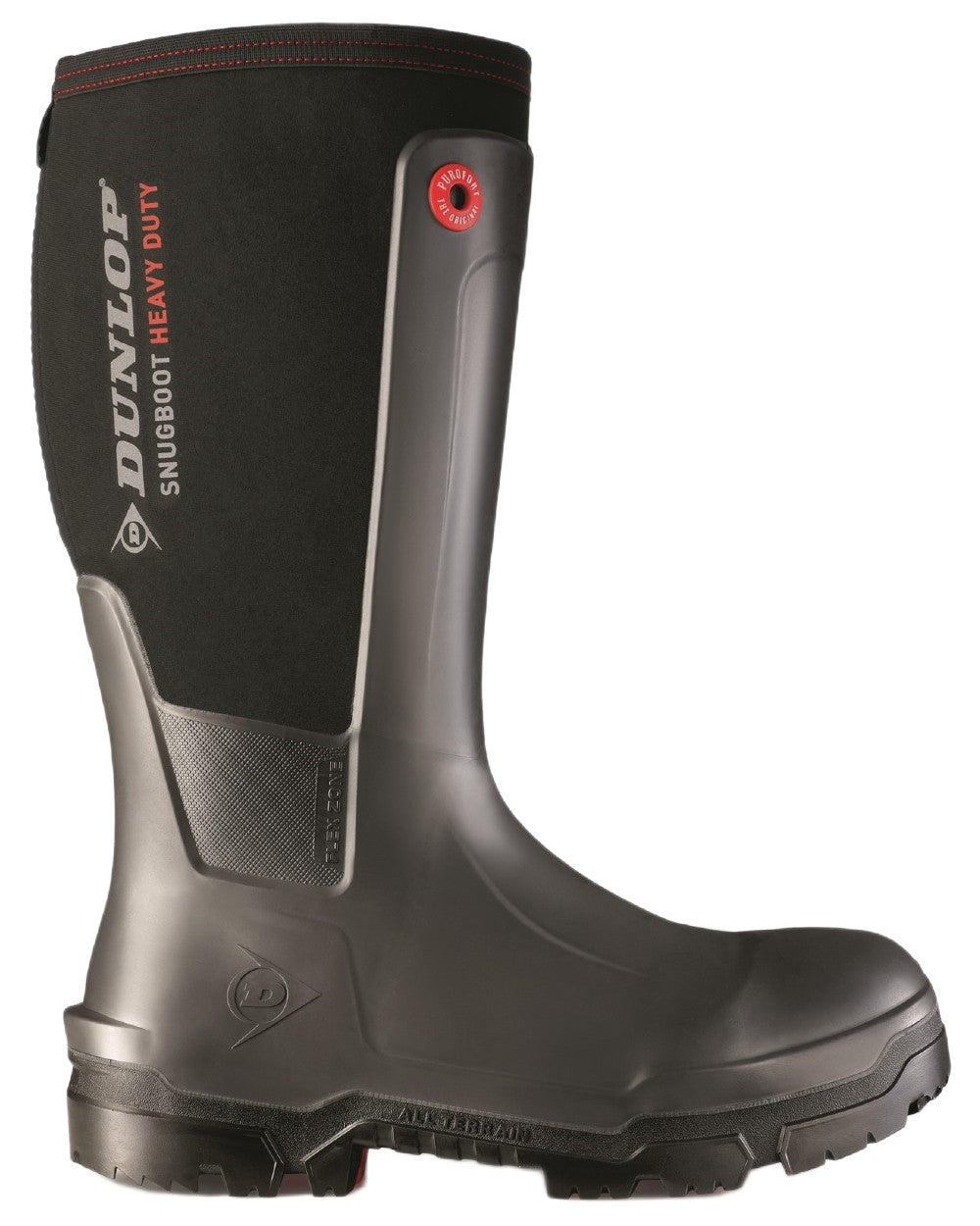 Charcoal coloured Dunlop Mens Snugboot Heavy Duty Full Safety Wellingtons on white background 