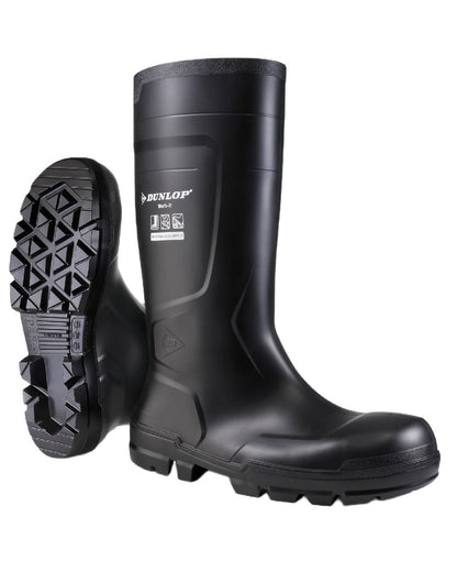 Black Coloured Dunlop Work-It Full Safety Wellingtons on white background 