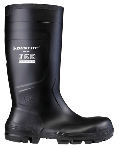 Black Coloured Dunlop Work-It Full Safety Wellingtons on white background 