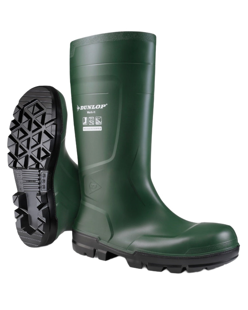Green Coloured Dunlop Work-It Full Safety Wellingtons on white background 
