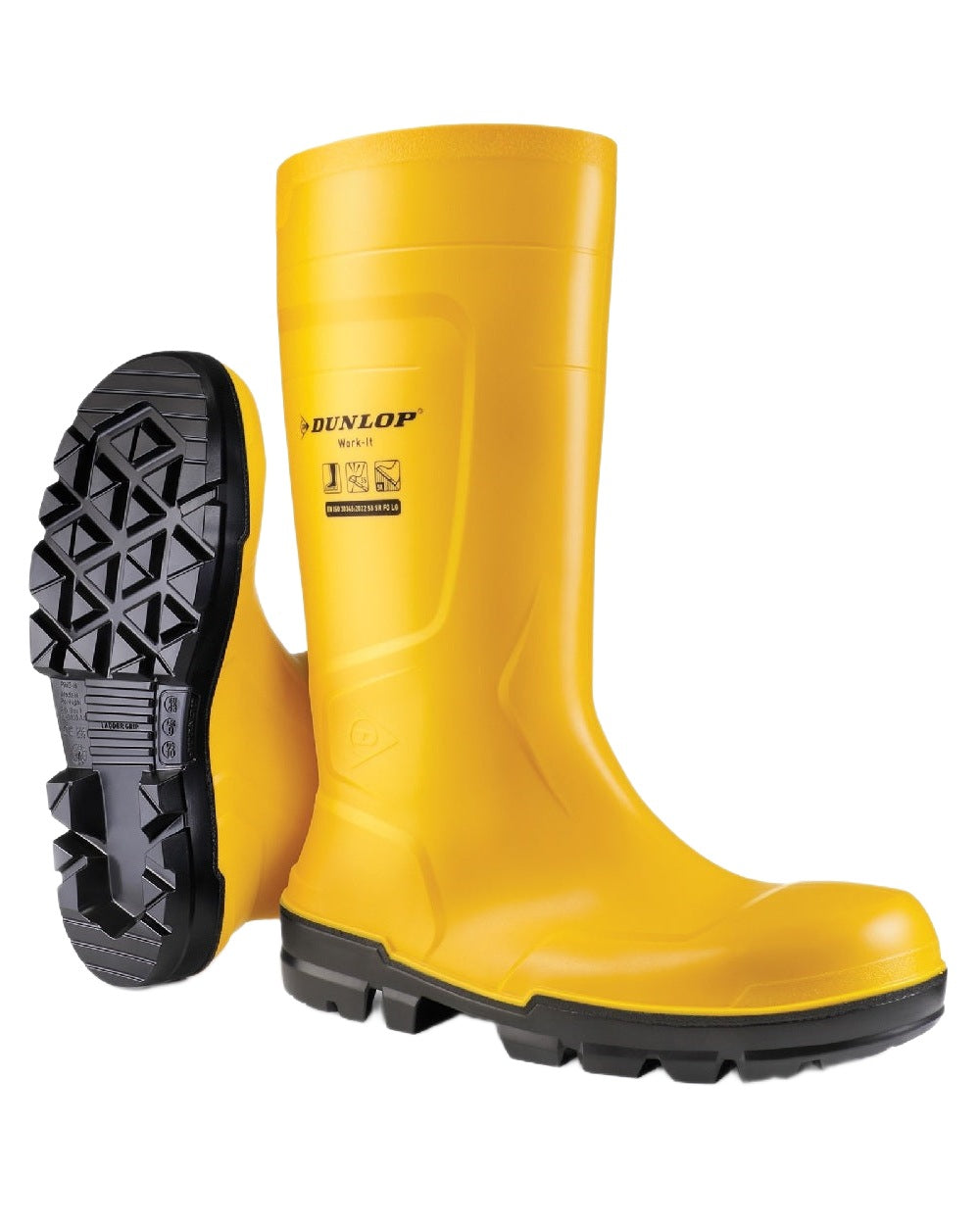 Yellow Coloured Dunlop Work-It Full Safety Wellingtons on white background 