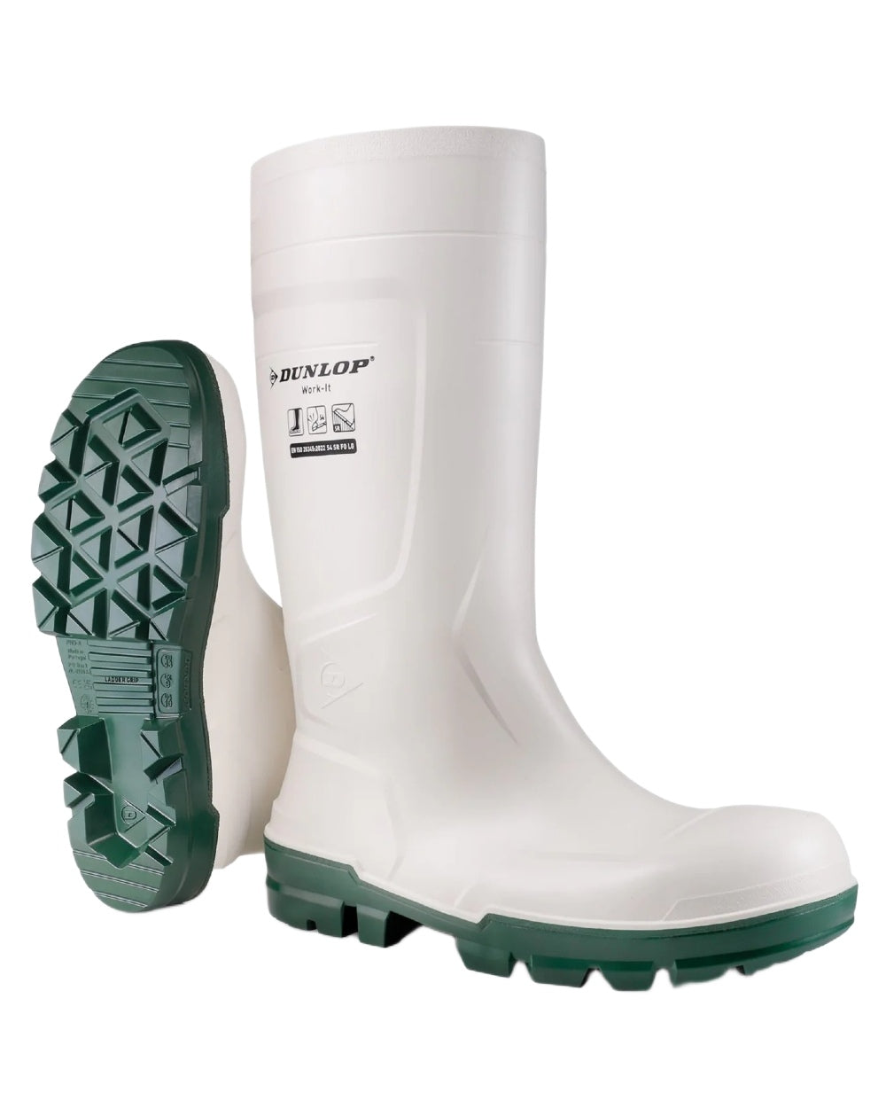 White Coloured Dunlop Work-It Safety Wellingtons on white background 