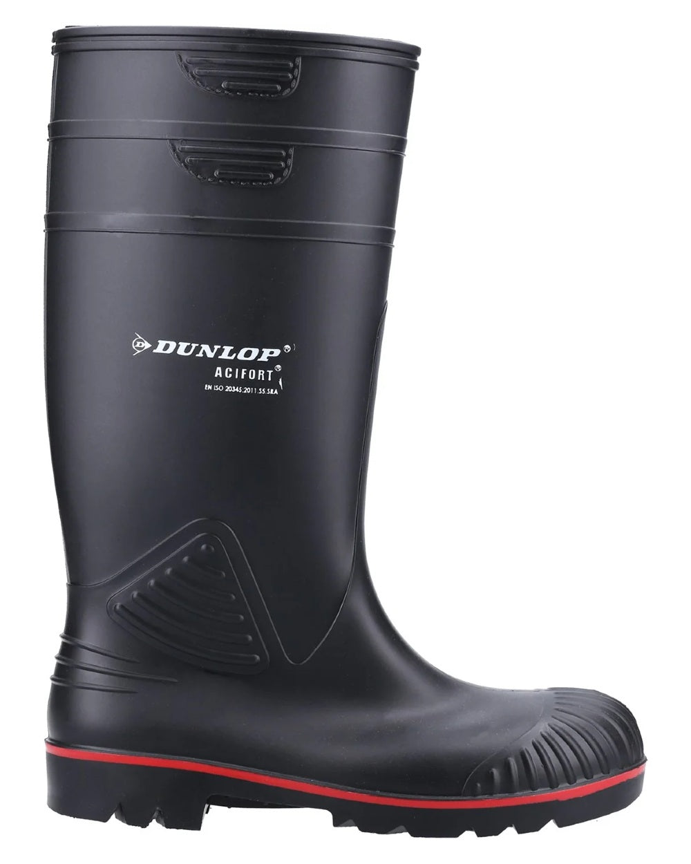 Black coloured Dunlop Acifort Heavy Duty Full Safety Wellingtons on white background 