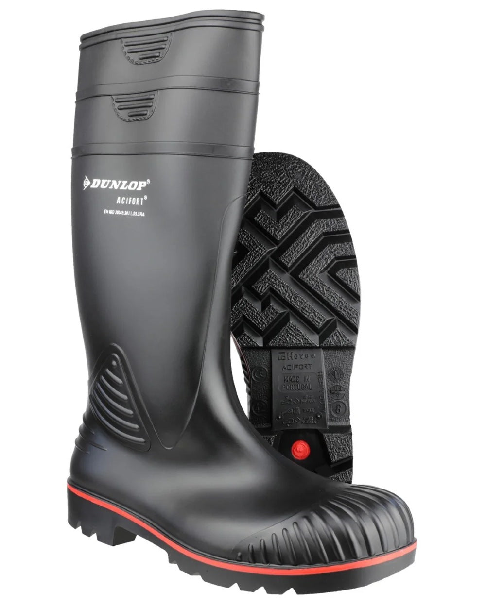 Black coloured Dunlop Acifort Heavy Duty Full Safety Wellingtons on white background 