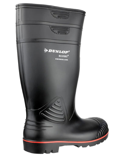 Black coloured Dunlop Acifort Heavy Duty Full Safety Wellingtons on white background 