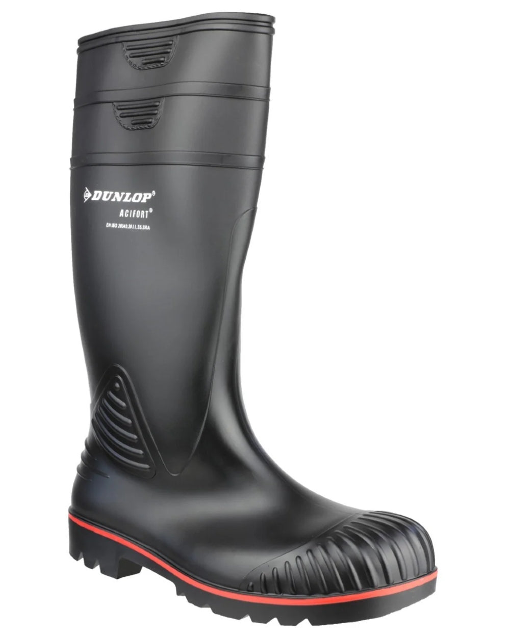 Black coloured Dunlop Acifort Heavy Duty Full Safety Wellingtons on white background 