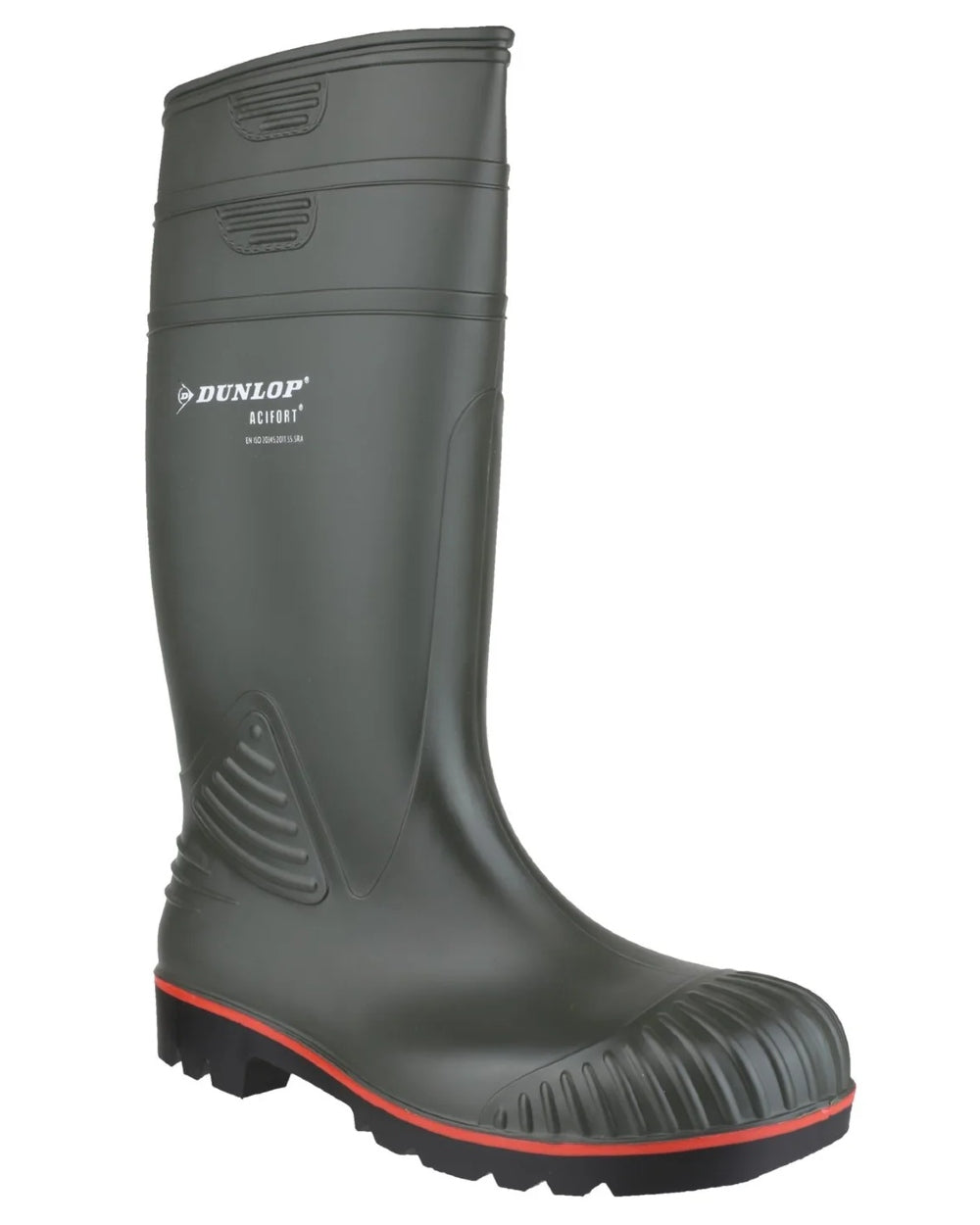 Green coloured Dunlop Acifort Heavy Duty Full Safety Wellingtons on white background 