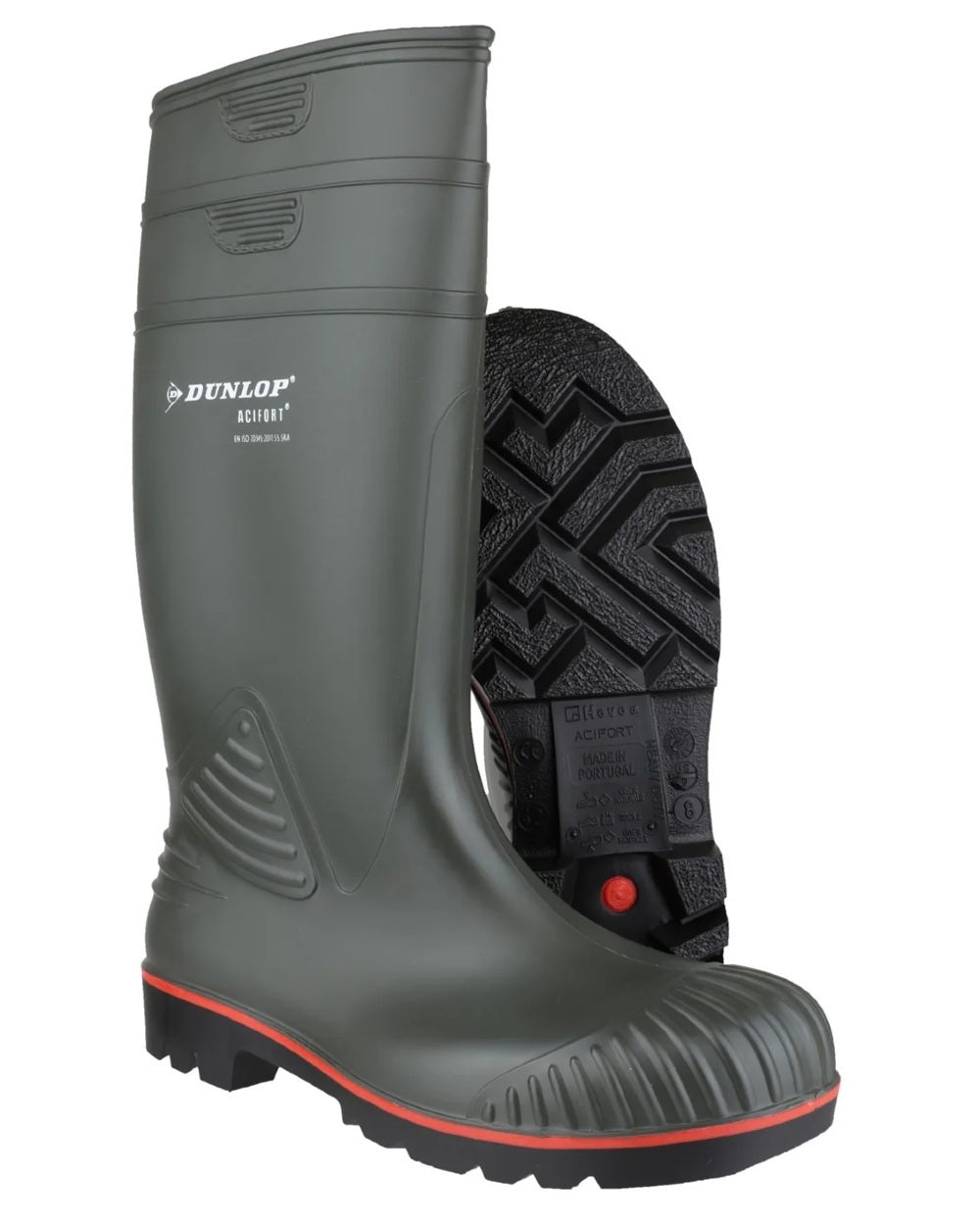 Green coloured Dunlop Acifort Heavy Duty Full Safety Wellingtons on white background 