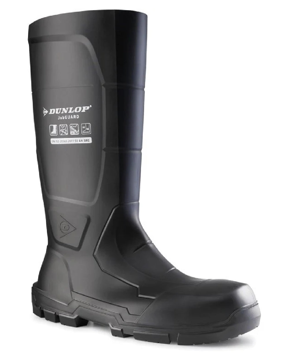 Black coloured Dunlop JobGuard Full Safety Wellingtons on white background 