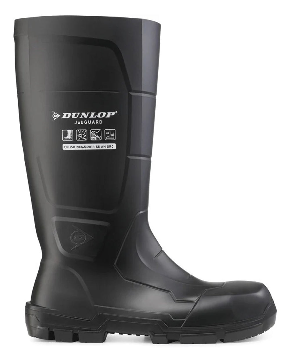 Black coloured Dunlop JobGuard Full Safety Wellingtons on white background 