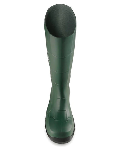 Heritage Green coloured Dunlop JobGuard Full Safety Wellingtons on white background 