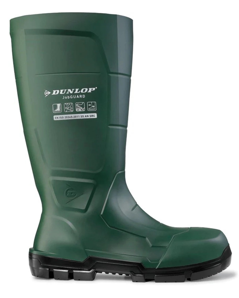 Heritage Green coloured Dunlop JobGuard Full Safety Wellingtons on white background 
