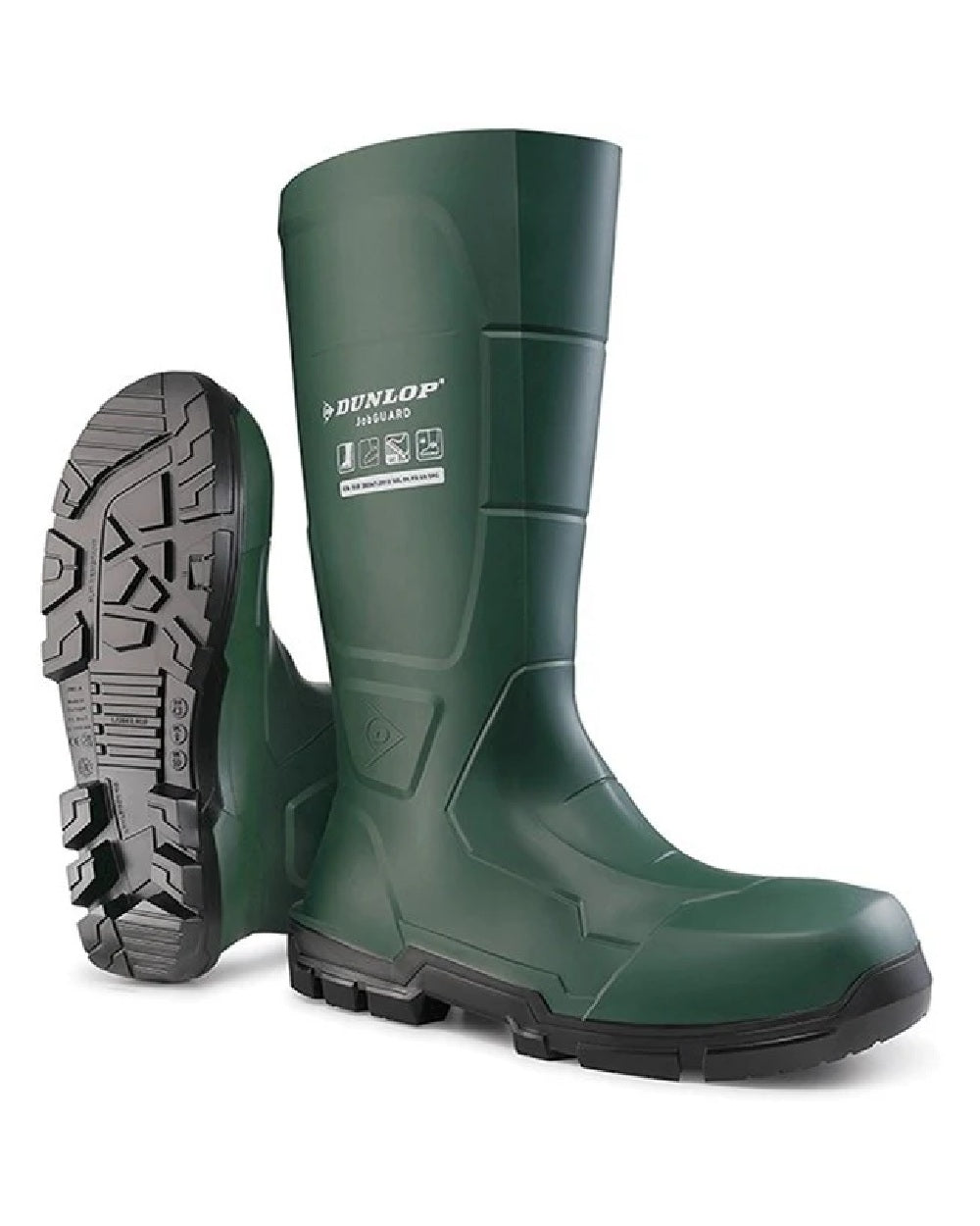 Heritage Green coloured Dunlop JobGuard Wellingtons on white background 