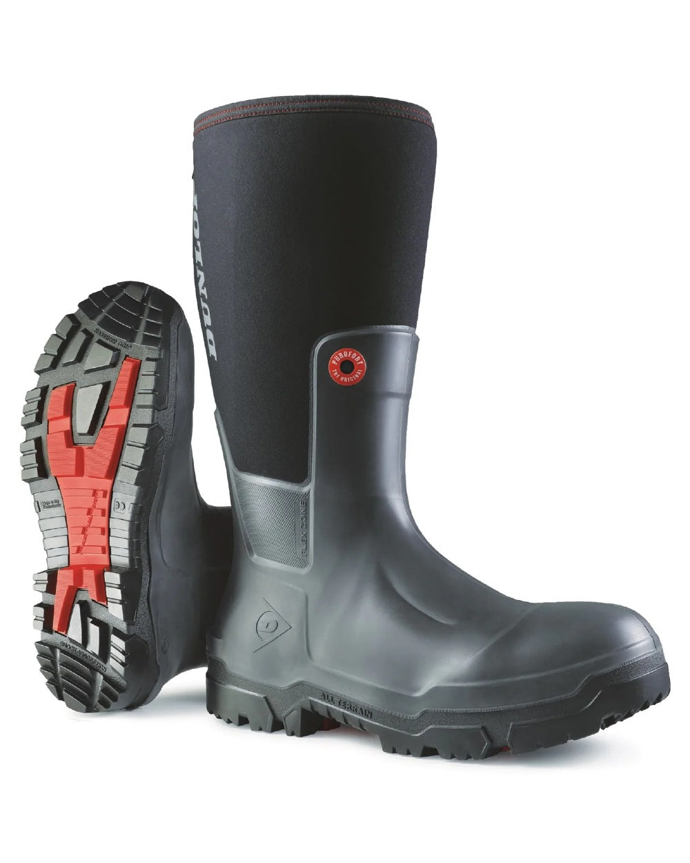 Black coloured Dunlop Snugboot Pioneer Wellingtons on white background 