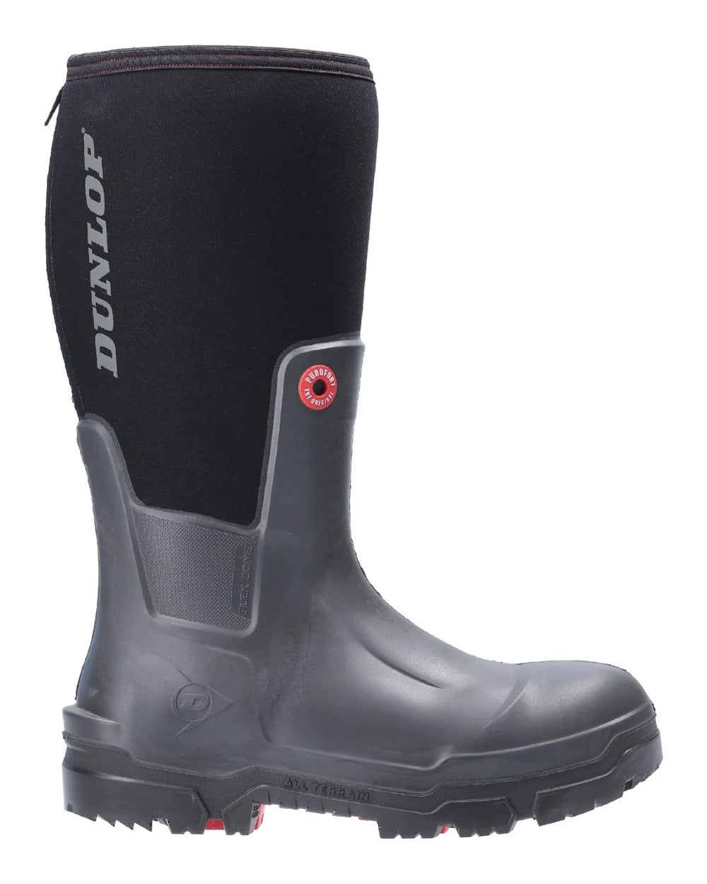 Black coloured Dunlop Snugboot Pioneer Wellingtons on white background 