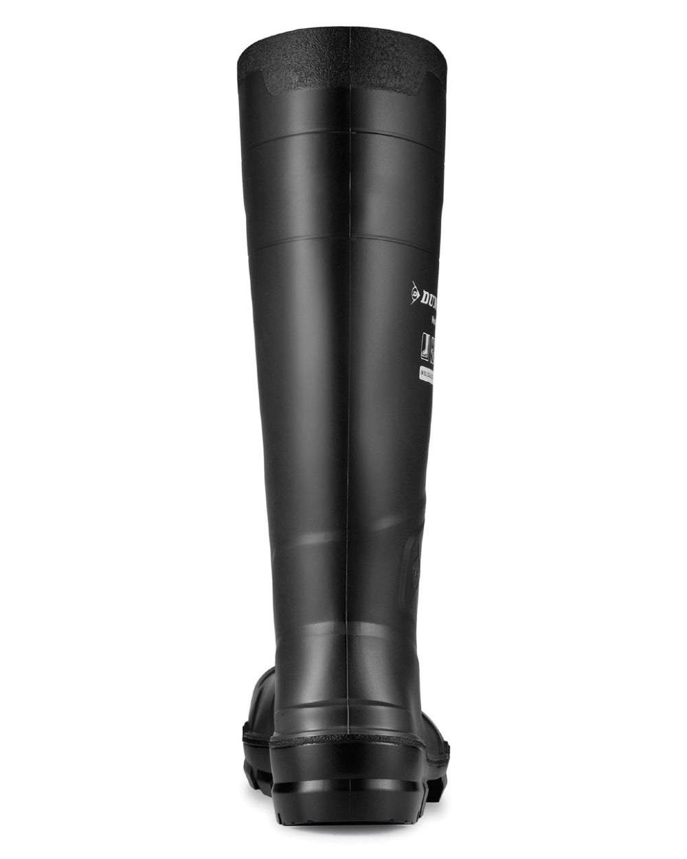 Black coloured Dunlop Work-It Full Safety Wellingtons on white background 