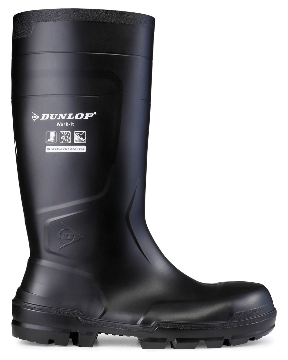 Black coloured Dunlop Work-It Full Safety Wellingtons on white background 