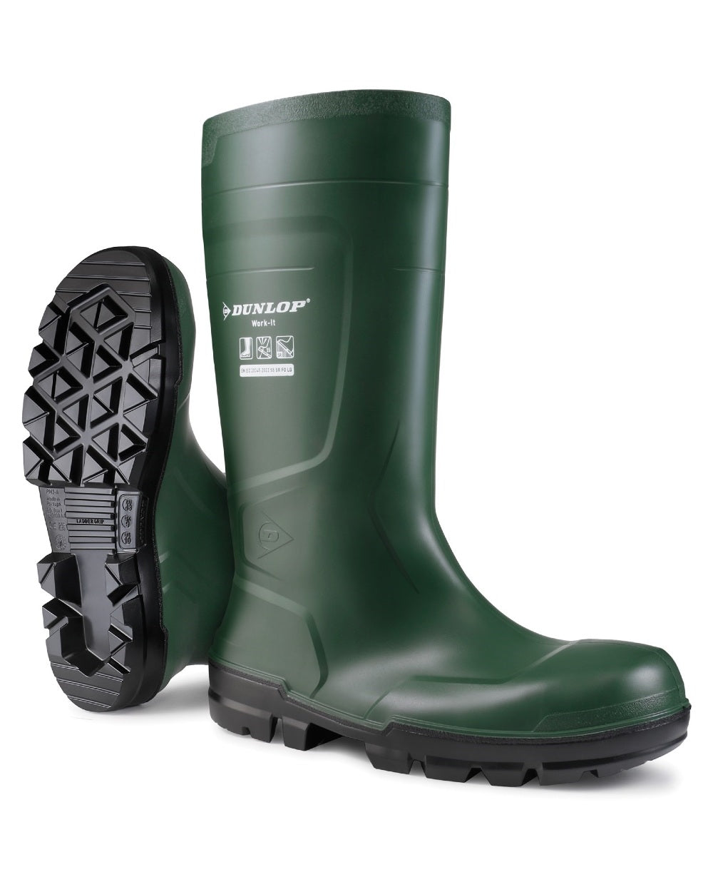 Green coloured Dunlop Work-It Full Safety Wellingtons on white background 