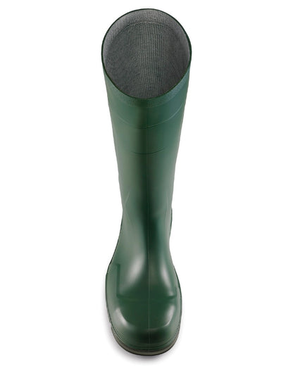 Green coloured Dunlop Work-It Full Safety Wellingtons on white background 