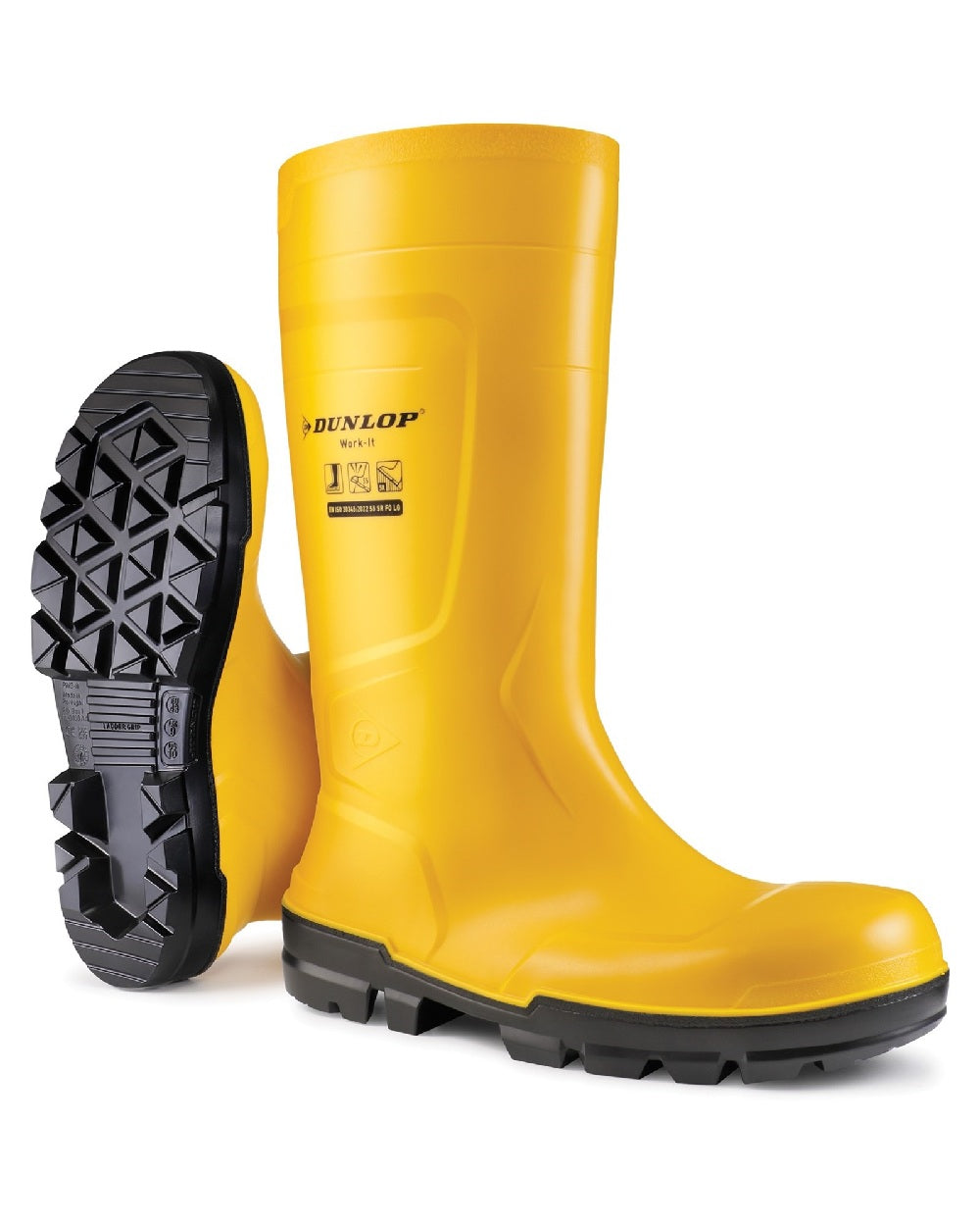 Yellow coloured Dunlop Work-It Full Safety Wellingtons on white background 