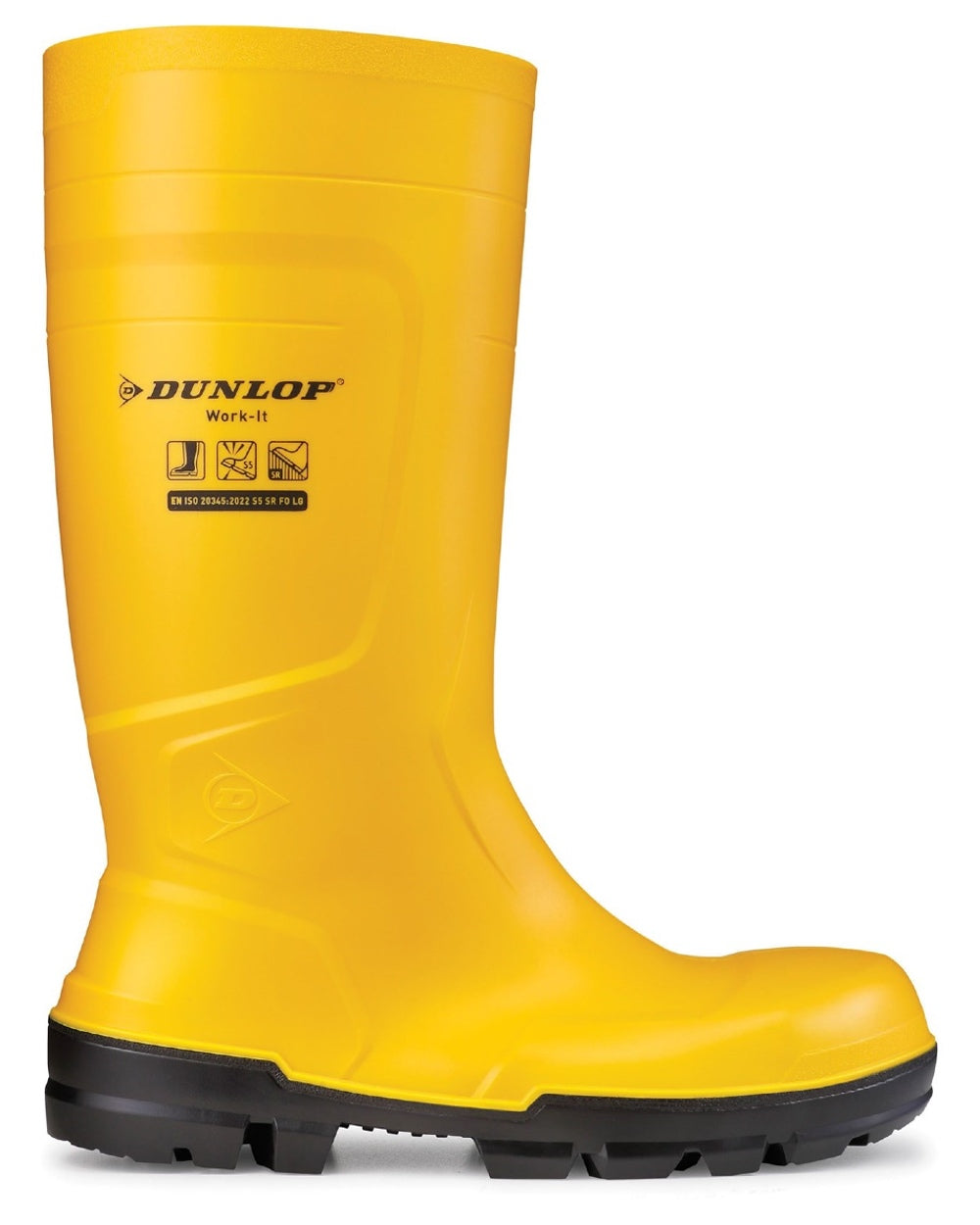 Yellow coloured Dunlop Work-It Full Safety Wellingtons on white background 