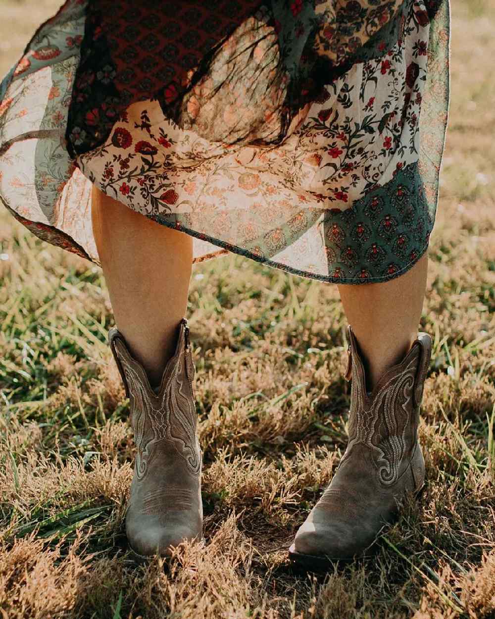 Driftwood coloured Durango Crush Shortie Boots on forest background 