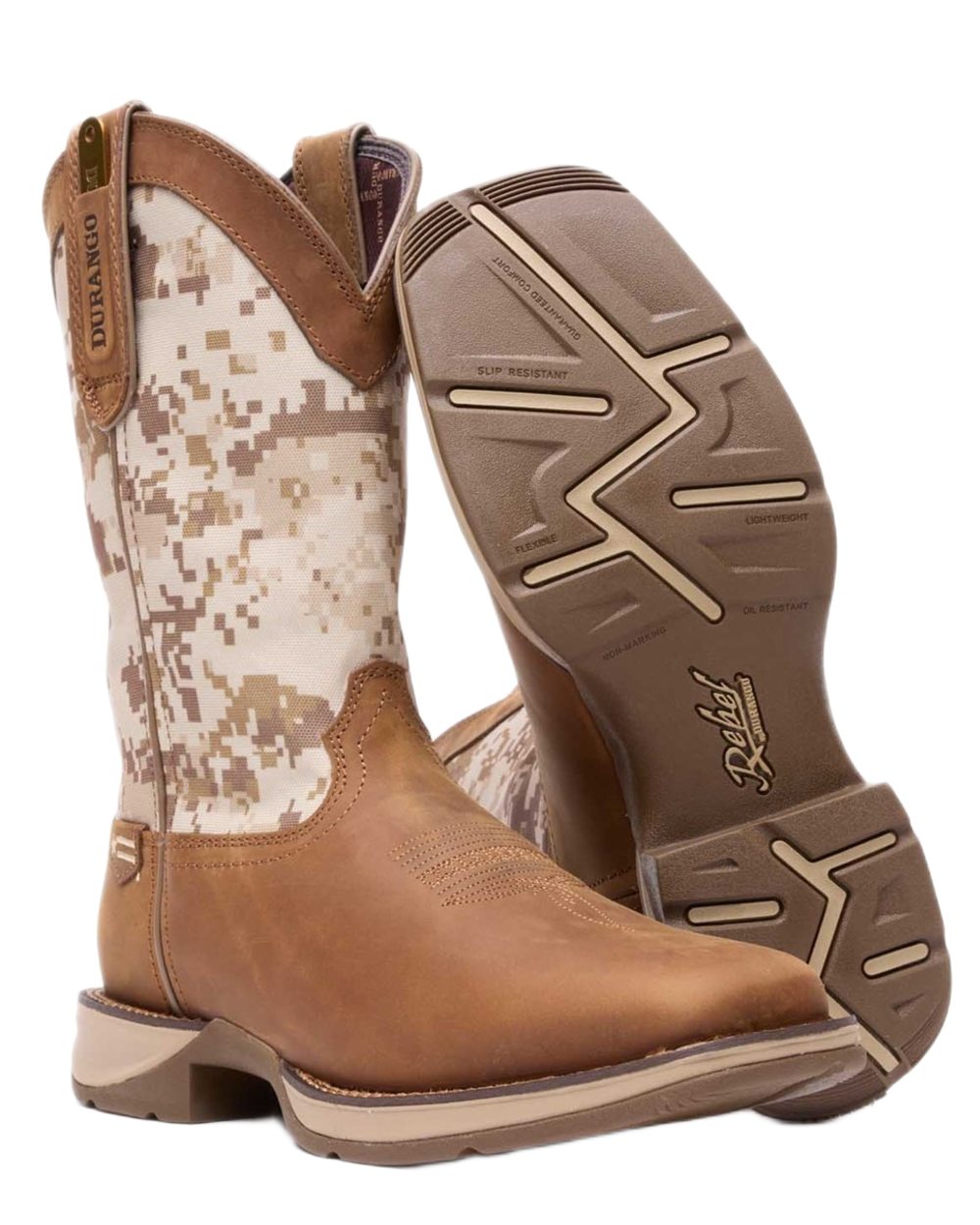 Dusty Brown Desert Camo coloured Durango Mens Rebel Desert Camo Pull-On Western Boots on white background 