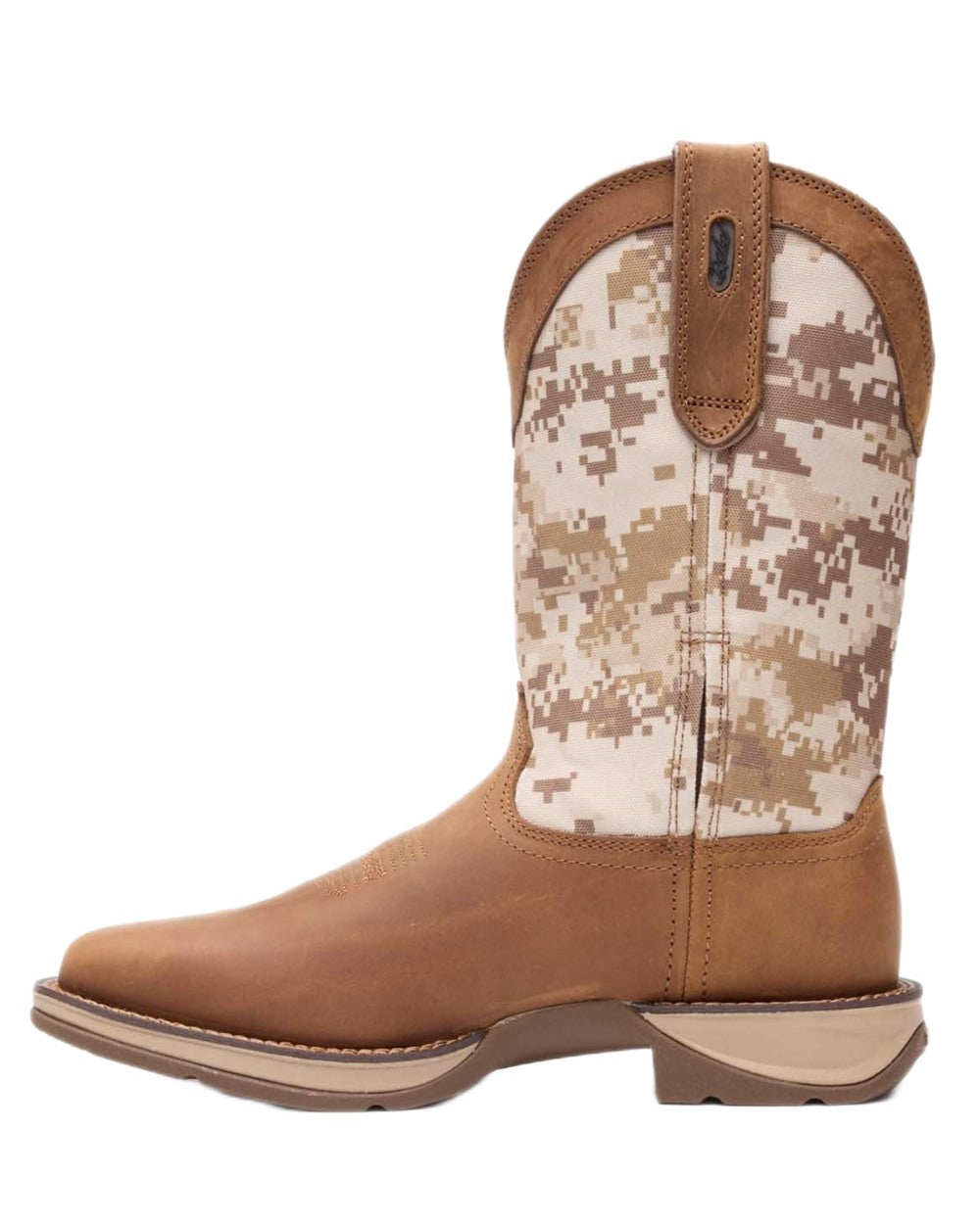 Dusty Brown Desert Camo coloured Durango Mens Rebel Desert Camo Pull-On Western Boots on white background 