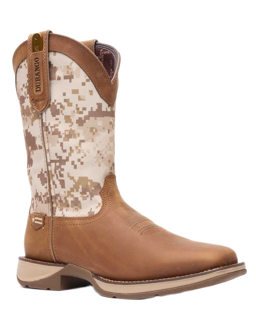 Dusty Brown Desert Camo coloured Durango Mens Rebel Desert Camo Pull-On Western Boots on white background 