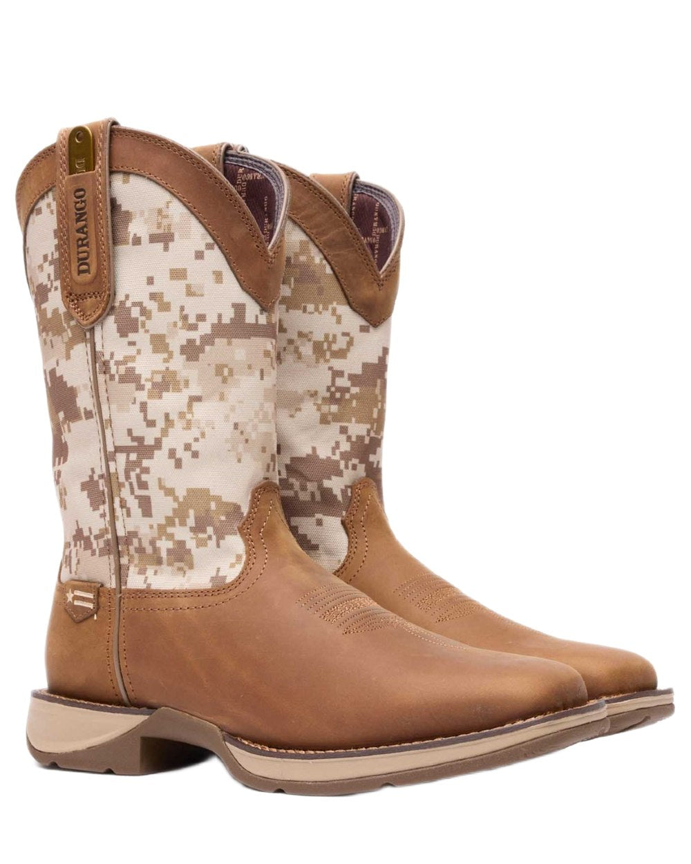 Dusty Brown Desert Camo coloured Durango Mens Rebel Desert Camo Pull-On Western Boots on white background 