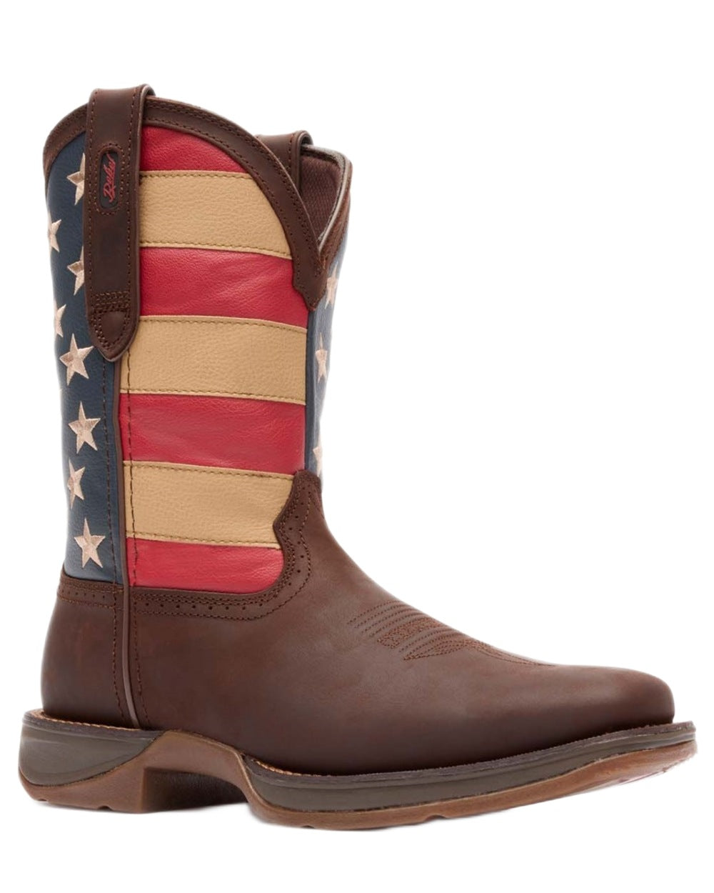 Brown Union Flag coloured Durango Mens Rebel Patriotic Pull-On Western Flag Boots on white background 