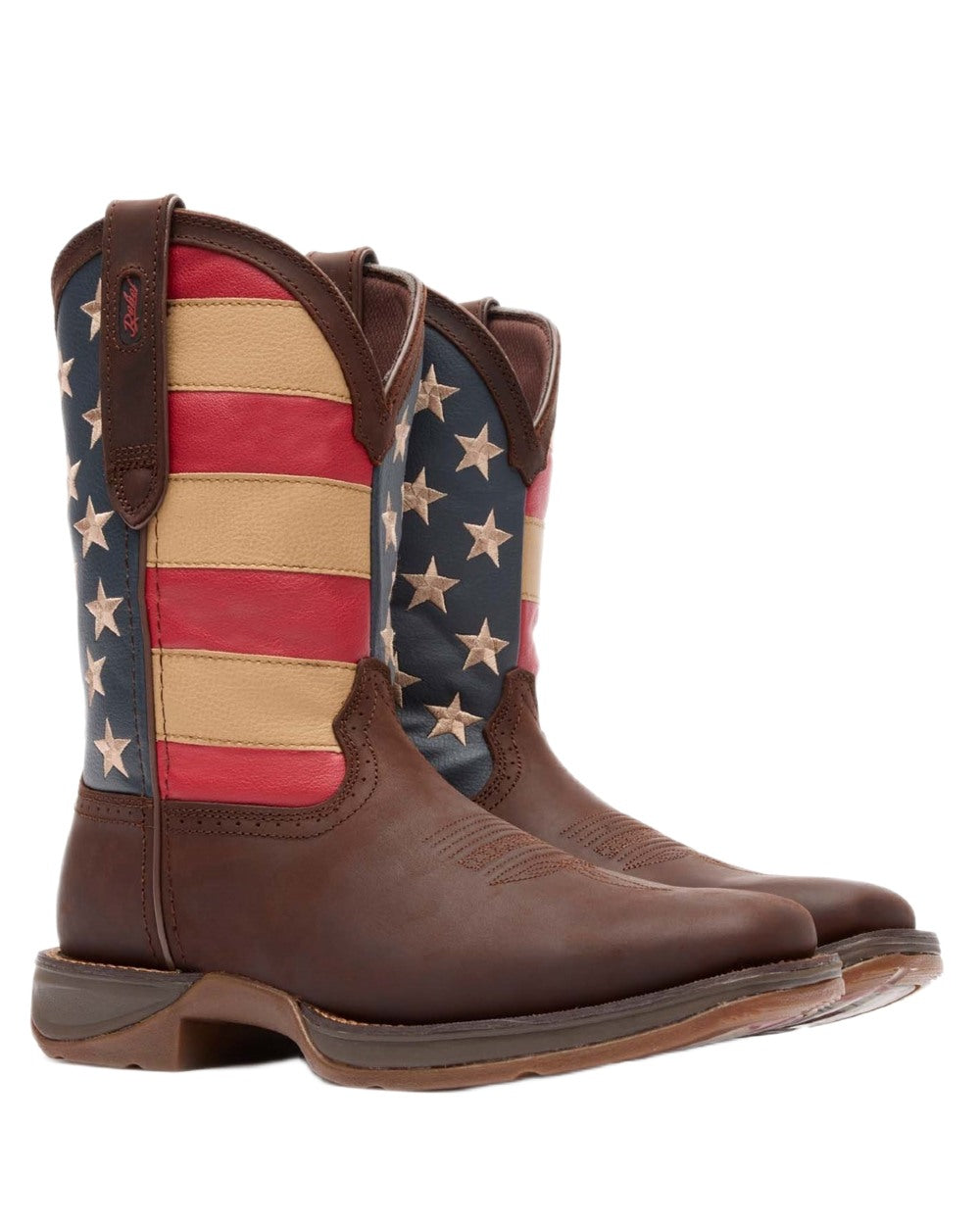 Brown Union Flag coloured Durango Mens Rebel Patriotic Pull-On Western Flag Boots on white background 