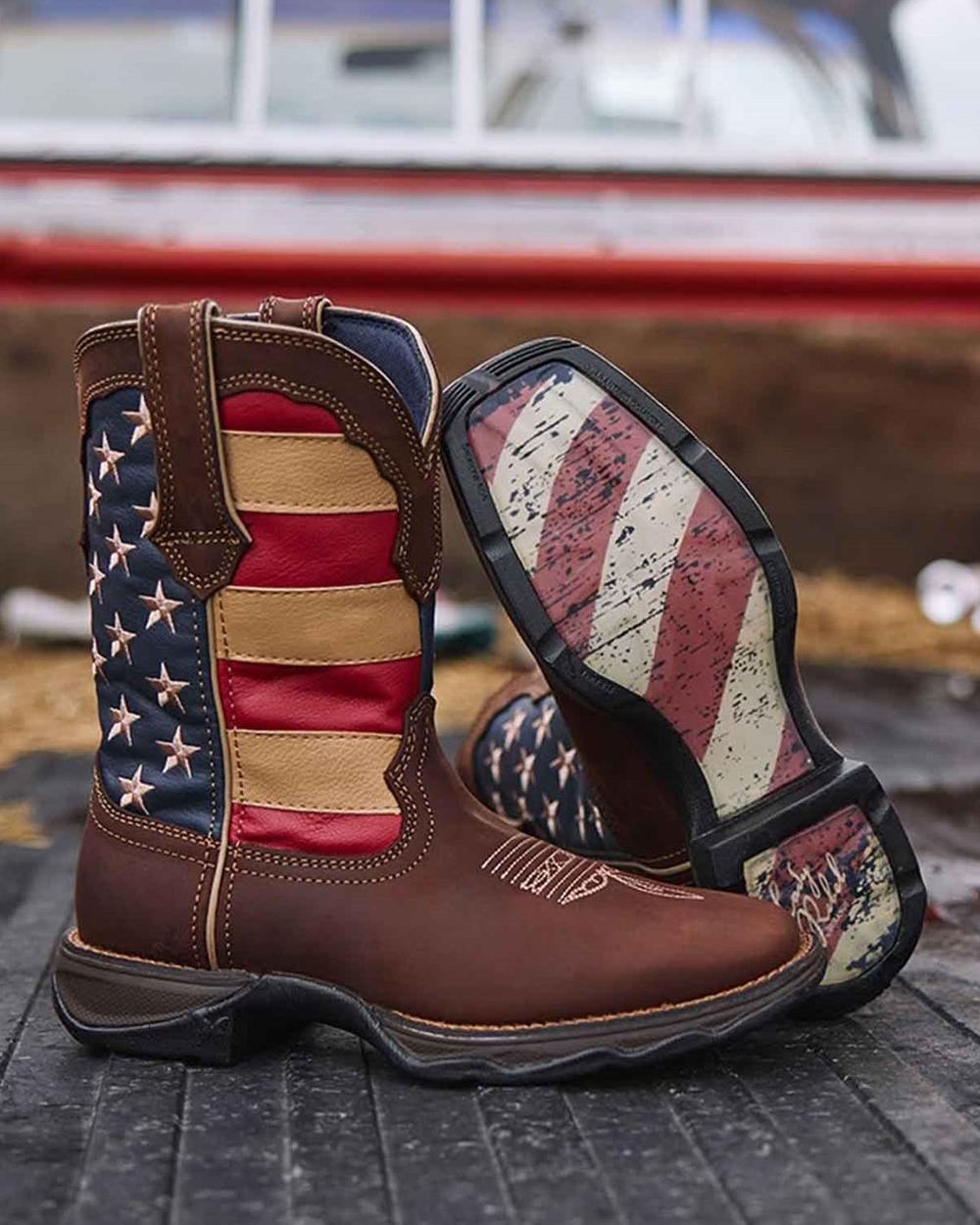 Brown Union Flag coloured Durango Mens Rebel Patriotic Pull-On Western Flag Boots on outdoor background 