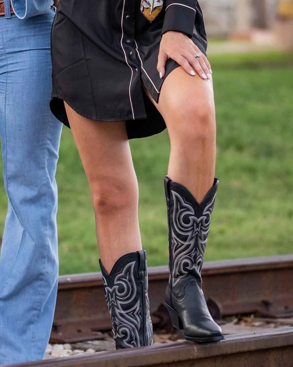 Black coloured Durango Womens 13" Crush Western Boots on outdoor background 