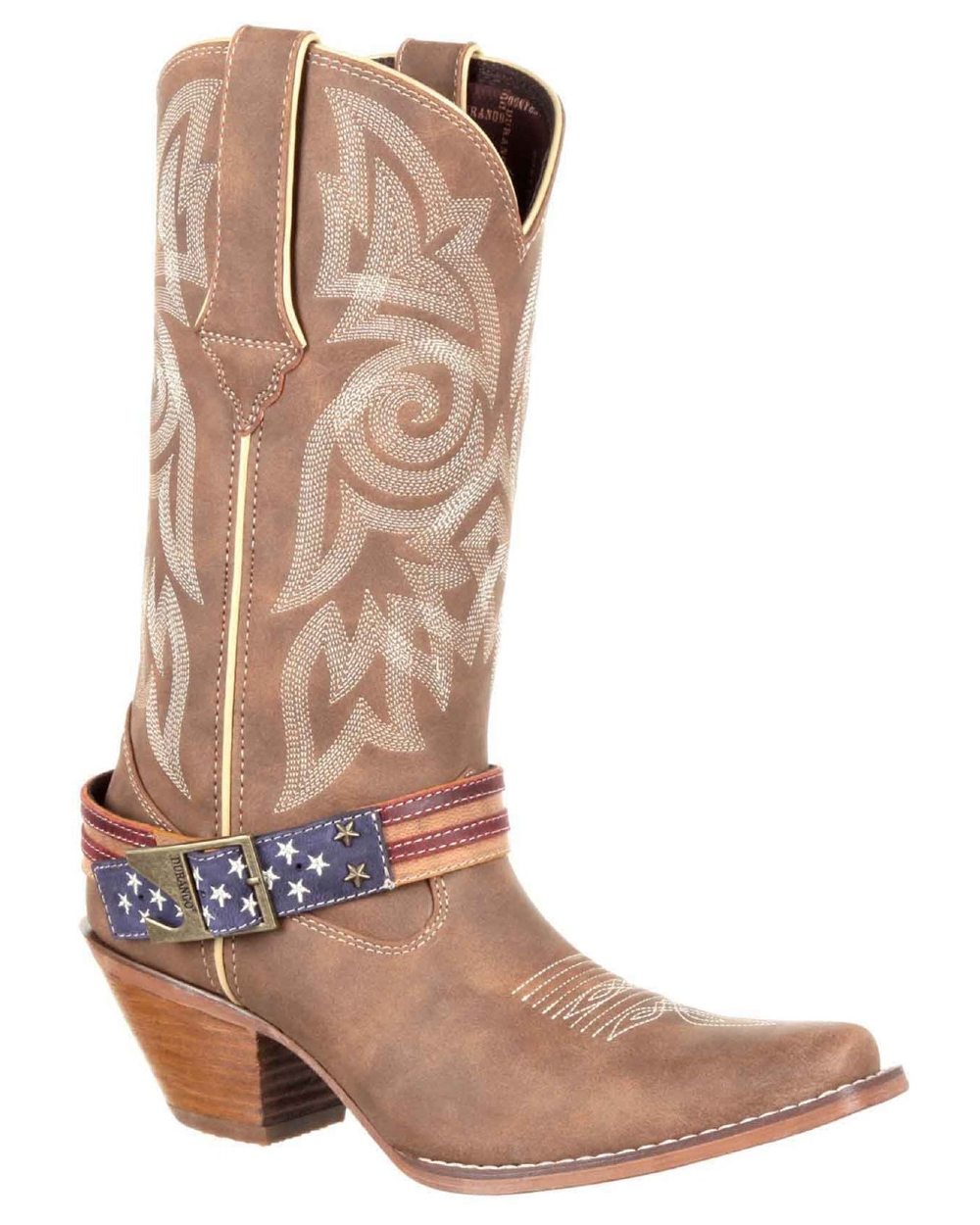 Brown Khaki coloured Durango Womens Crush Flag Western Boots on white background 