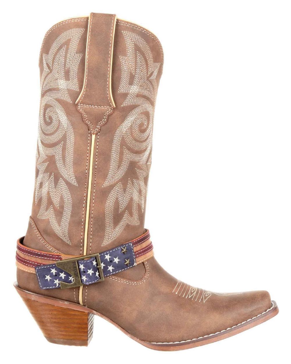 Brown Khaki coloured Durango Womens Crush Flag Western Boots on white background 