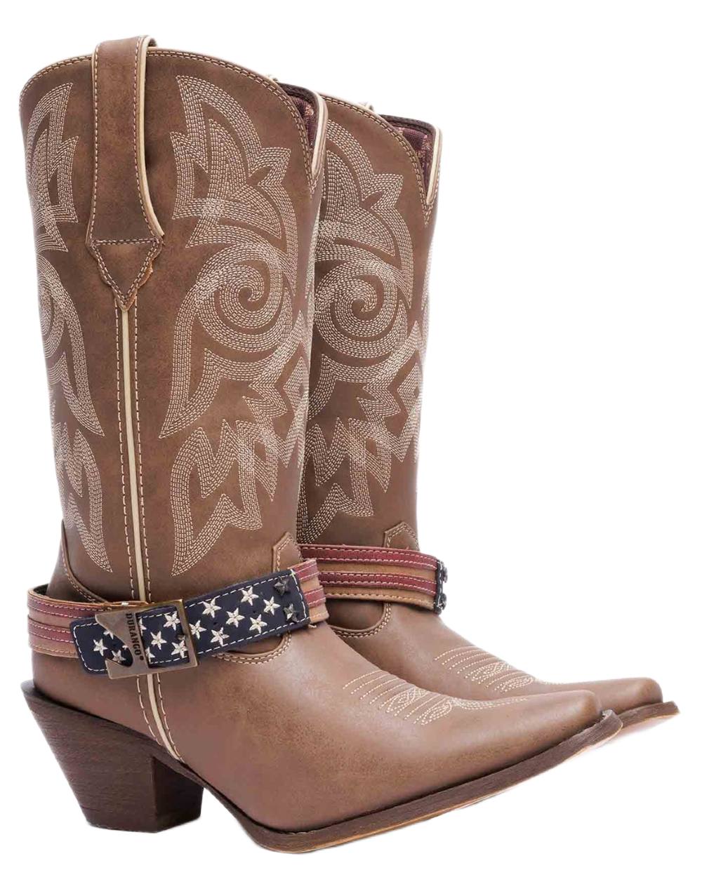 Brown Khaki coloured Durango Womens Crush Flag Western Boots on white background 