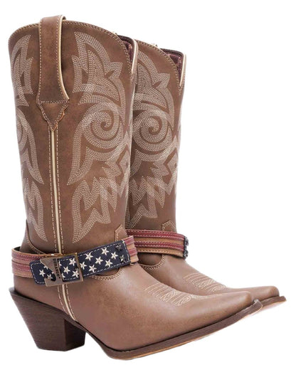 Brown Khaki coloured Durango Womens Crush Flag Western Boots on white background 