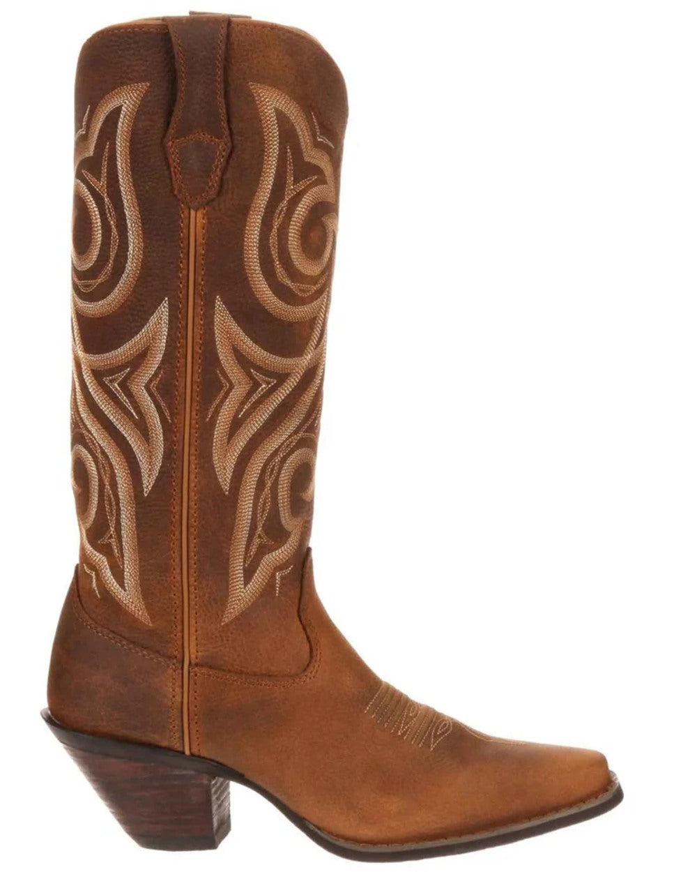 Distressed Cognac coloured Durango Womens Crush Western Fashion Booties on white background 