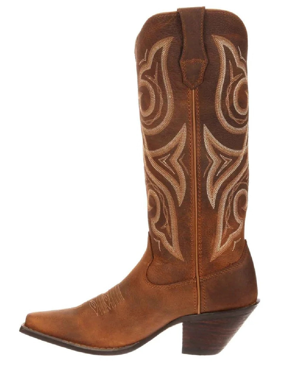Distressed Cognac coloured Durango Womens Crush Western Fashion Booties on white background 