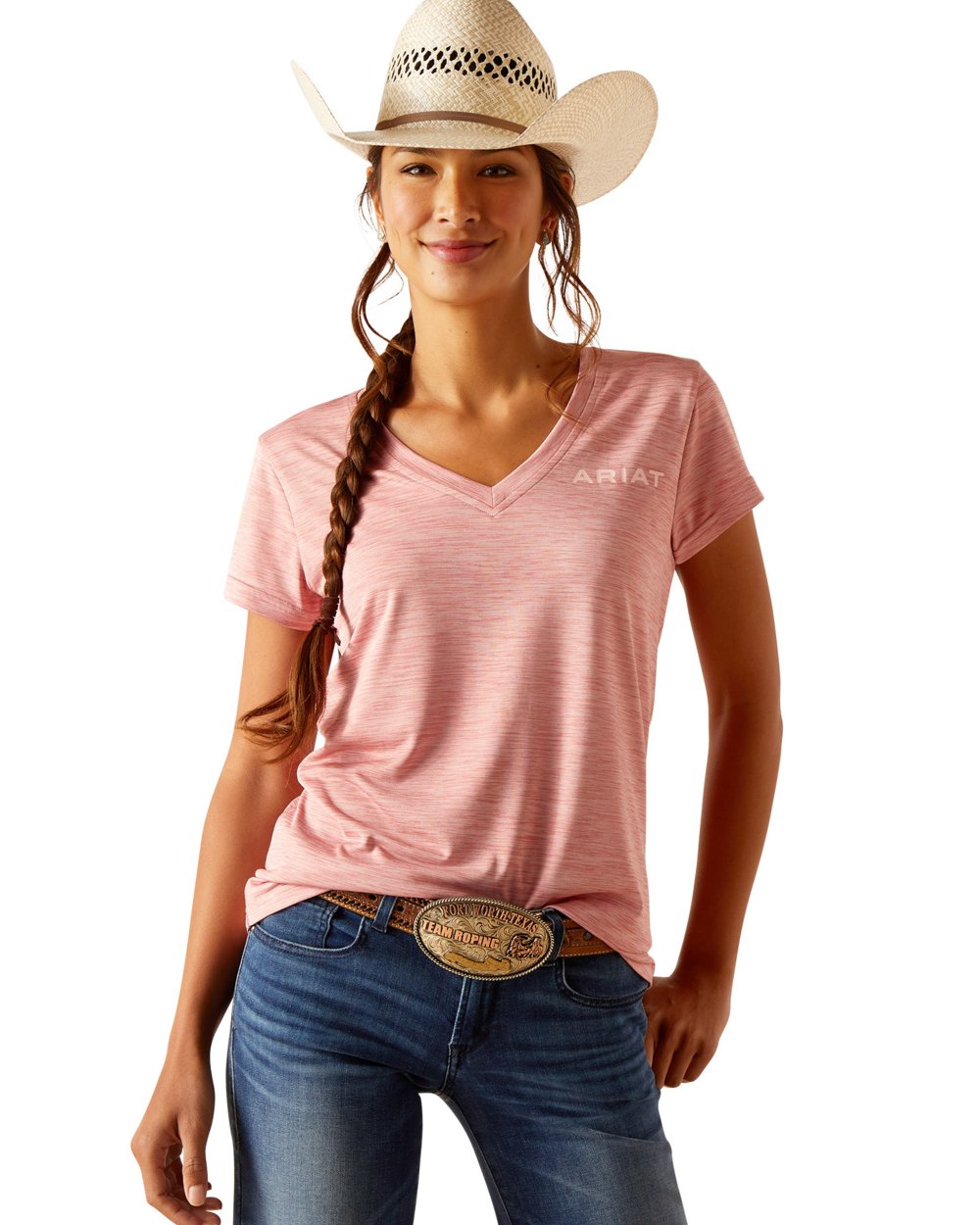 Dusty Rose Coloured Ariat Womens Laguna Logo Short Sleeve Top On A White Background 