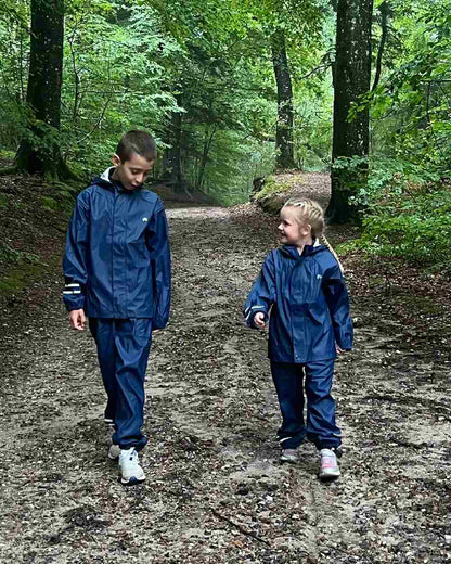 Navy Coloured Elka Childrens Rain Set on forest background 