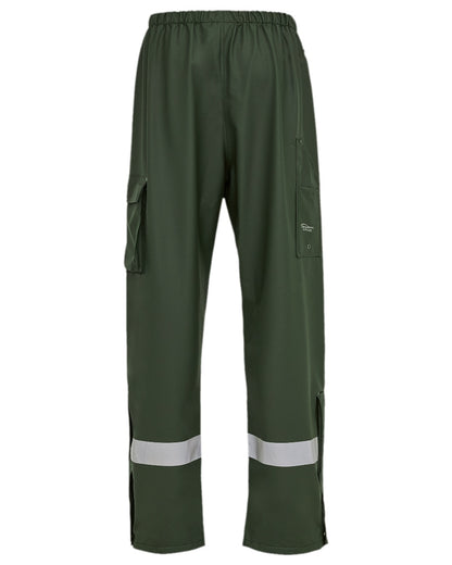 Olive Coloured Elka Mens Dry Zone D-Lux Rain Trousers With Reflective Stripes on white background 