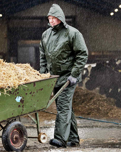 Olive Coloured Elka Mens Dry Zone PU Rain Jacket on rain background 